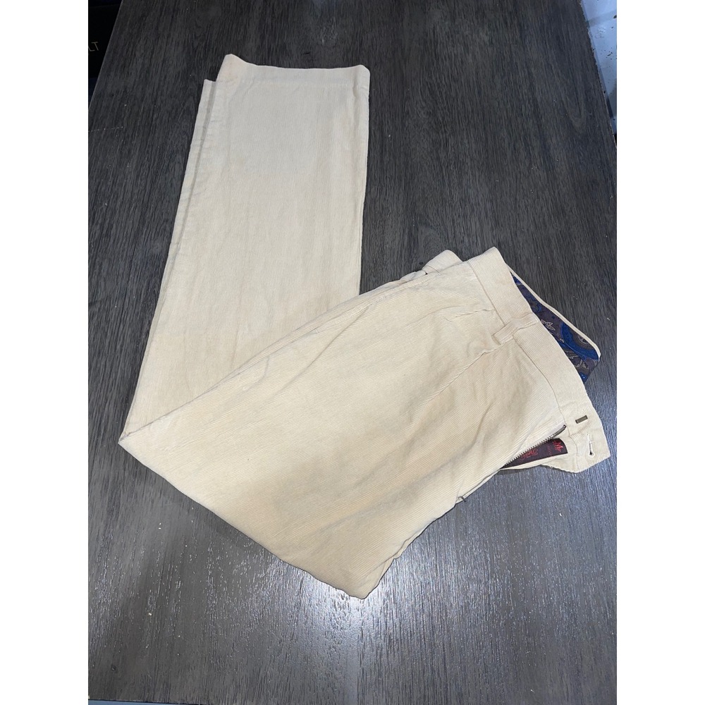 TreVero Mens 34 Beige Corduroy Pants Pleated Straight Leg Paisley Lined